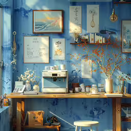 a small desk has an array of decorations and artwork on it,a work room with a lot of pictures on the wall and flowers on the desk