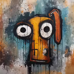 the artwork shows an orange dog with bulging eyes