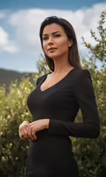a woman wearing a black dress is posing for a picture