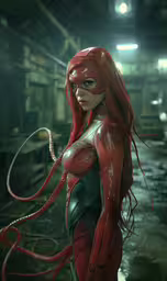 a red - headed woman dressed as a spider - man in a building,a beautiful red and green woman standing in a room