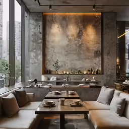 a table and couch inside of a restaurant