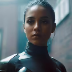 a woman in a leather suit is posing for the camera