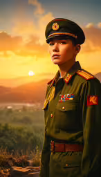 woman in military uniform with green field and trees,an asian military woman wearing uniform and standing in front of the sunset