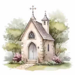 an artistic watercolor painting of an old stone church