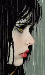 a painting of a woman with yellow eyes and long dark hair