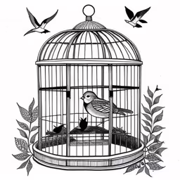 a birdcage with three small birds inside of it,a drawing of two birds in a cage
