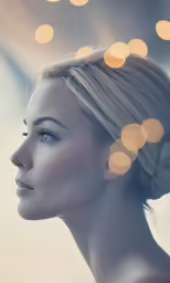 a woman wearing a blue dress with her hair up in a bun and an allover golden spot behind her head