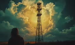 a person standing in a field looking at a tower