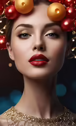 a woman wearing a christmas wreath and fruit on her head