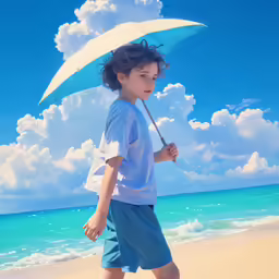 a young boy is walking down a beach