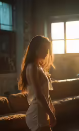 a woman in white outfit walking away from a sofa
