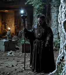 a man in dark robes holding up a lantern