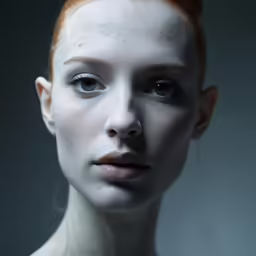 a young red - haired woman with freckled white make up poses for a photo shoot
