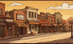 cartoon illustration of the view on an urban street,there are many small buildings near the street