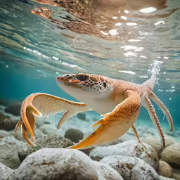 two sea animals swimming in clear blue water