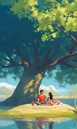 a man and woman are sitting under a tree