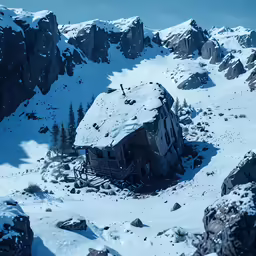 an abandoned stone building is covered in snow
