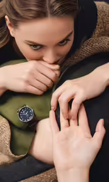 the beautiful woman is wearing a watch and has her hands on her chin