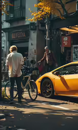 a man standing next to a yellow car and a bicycle