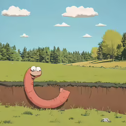cartoon character coming out of deep underground with grass and trees in the background