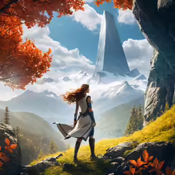 a girl standing near a giant tower holding an umbrella