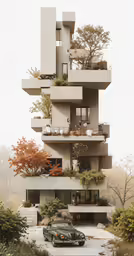 a car parked outside a large building with balconies