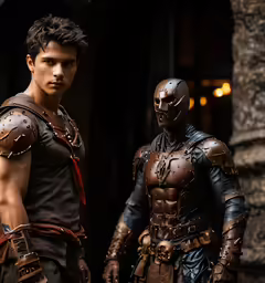 two men wearing armor are standing in front of a building