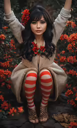 a woman in striped stockings sits in front of flowers with her hands up in the air