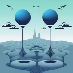 there are identical identical balloons in the middle of an illustration,some sort of surreal art with sea waves