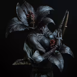 a creepy figure holds his arm outstretched with his head down and hands in one hand