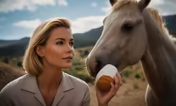 a woman wearing a dress standing next to a horse
