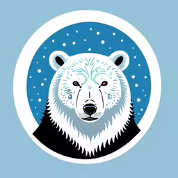 a white polar bear in a snowy circle on blue background,a bear with snow falling off its fur is on a blue background,a picture of a polar bear on a blue background,a white bear
