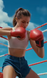a woman is posing for a picture and wearing boxing gloves