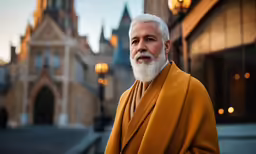 a man with long white hair and beard standing in front of an old building