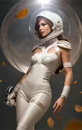 a beautiful woman dressed in white leather holding a helmet and a silver object