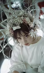 a woman sitting on the floor wearing a flower headdress