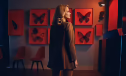 a woman standing in front of multiple paintings