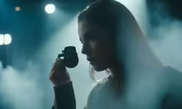 a young woman is photographing a video on a foggy stage