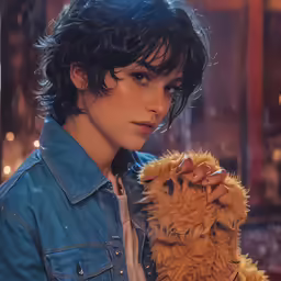 a woman with short hair holds a brown teddy bear