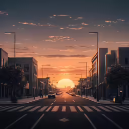 an empty street at sunset with the sun in the sky