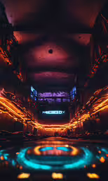 this is an image of an alien looking sci fi space station,brightly lit buildings glow brightly in the distance