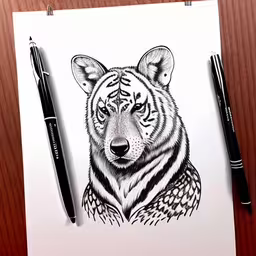 there is a picture of an animal drawn on paper,a drawing of a tiger with two sharp pens