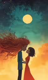 an illustration with two people kissing under the moon