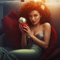 a woman is holding a pocket clock on a couch