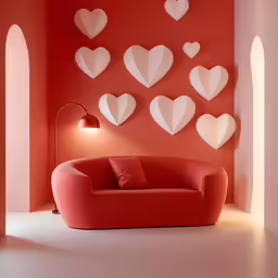 a living room with heart wall decoration and red furniture