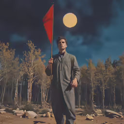 a man holding a red flag in the desert at night