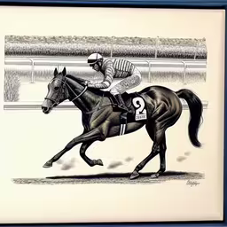 drawing of a horse and jockey on a racetrack track,a painting of a jockey riding a race horse