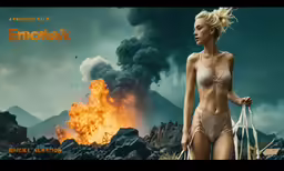 woman in bikini standing in front of a burning mountain