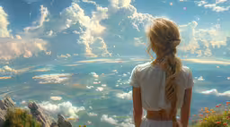 a woman stands alone in a field overlooking a beautiful landscape,a woman with long hair wearing a white dress stands on top of a hill, overlooking the sky and ocean