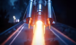 a rocket like structure is flying through the sky